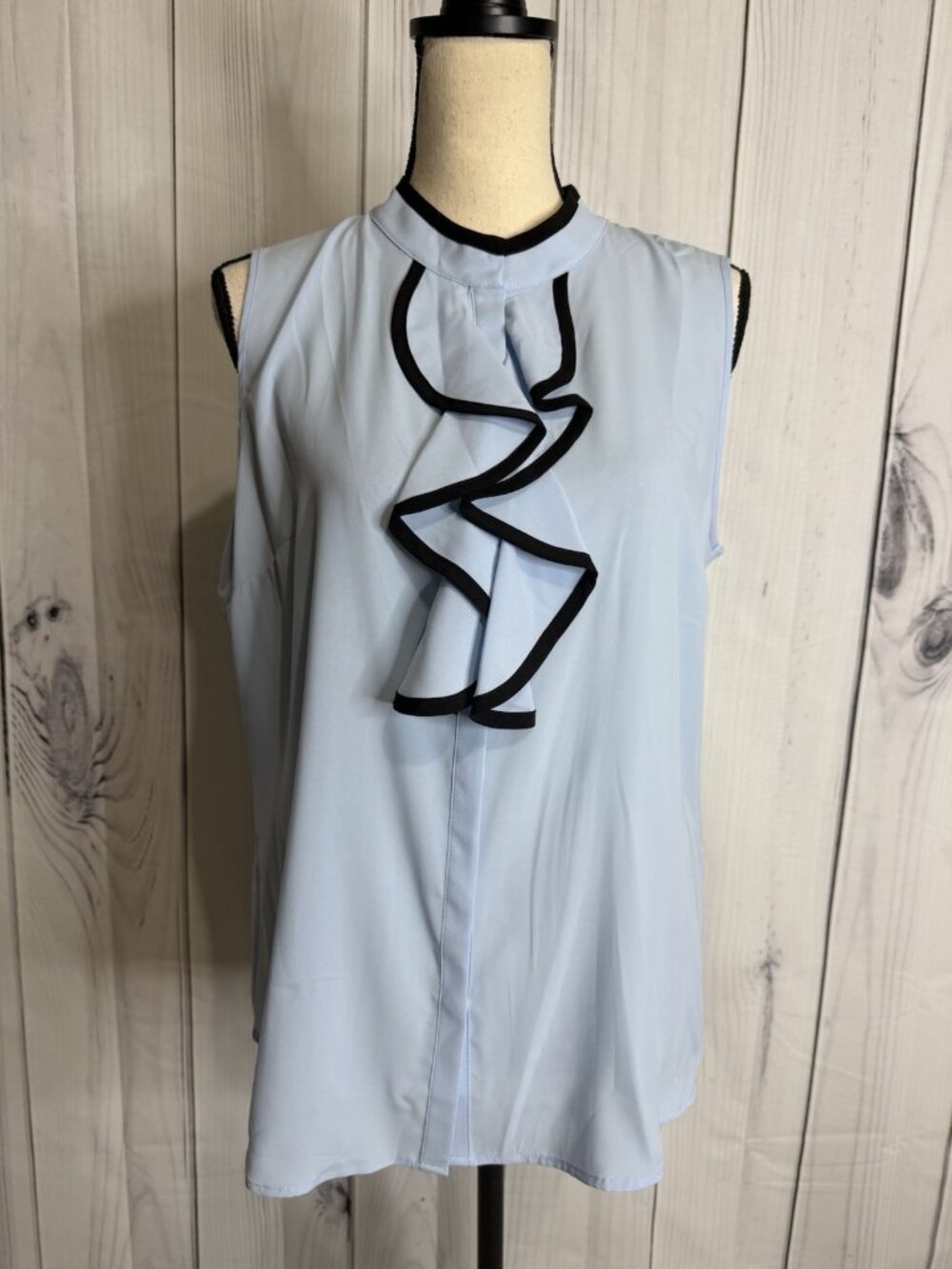 Calvin Klein Womens Sz L Bl Sleeveless Ruffle Front Blouse Black Trim NWT NEW
